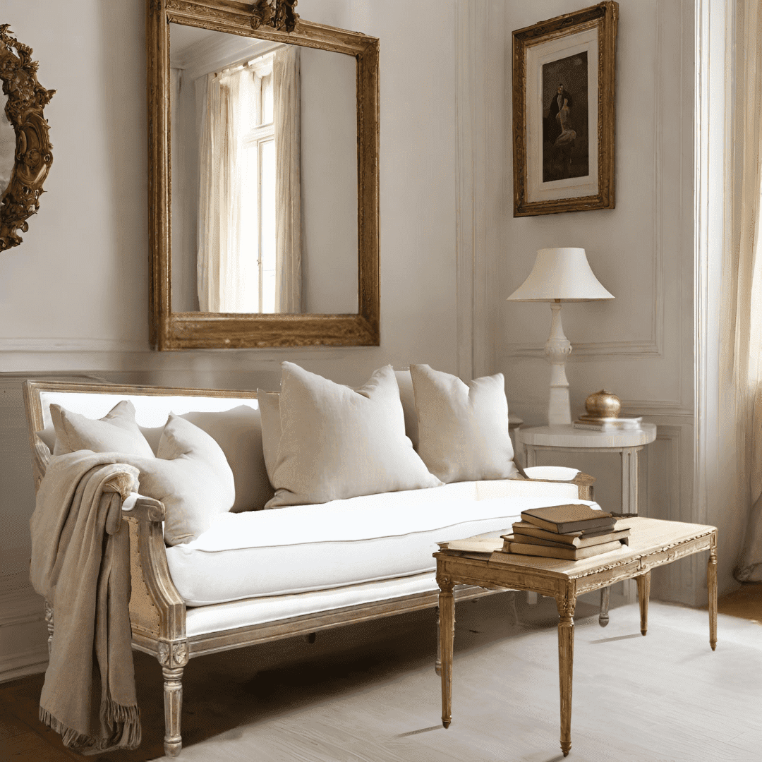 Elegant French vintage-style Madeleine Sofa in soft neutral fabric