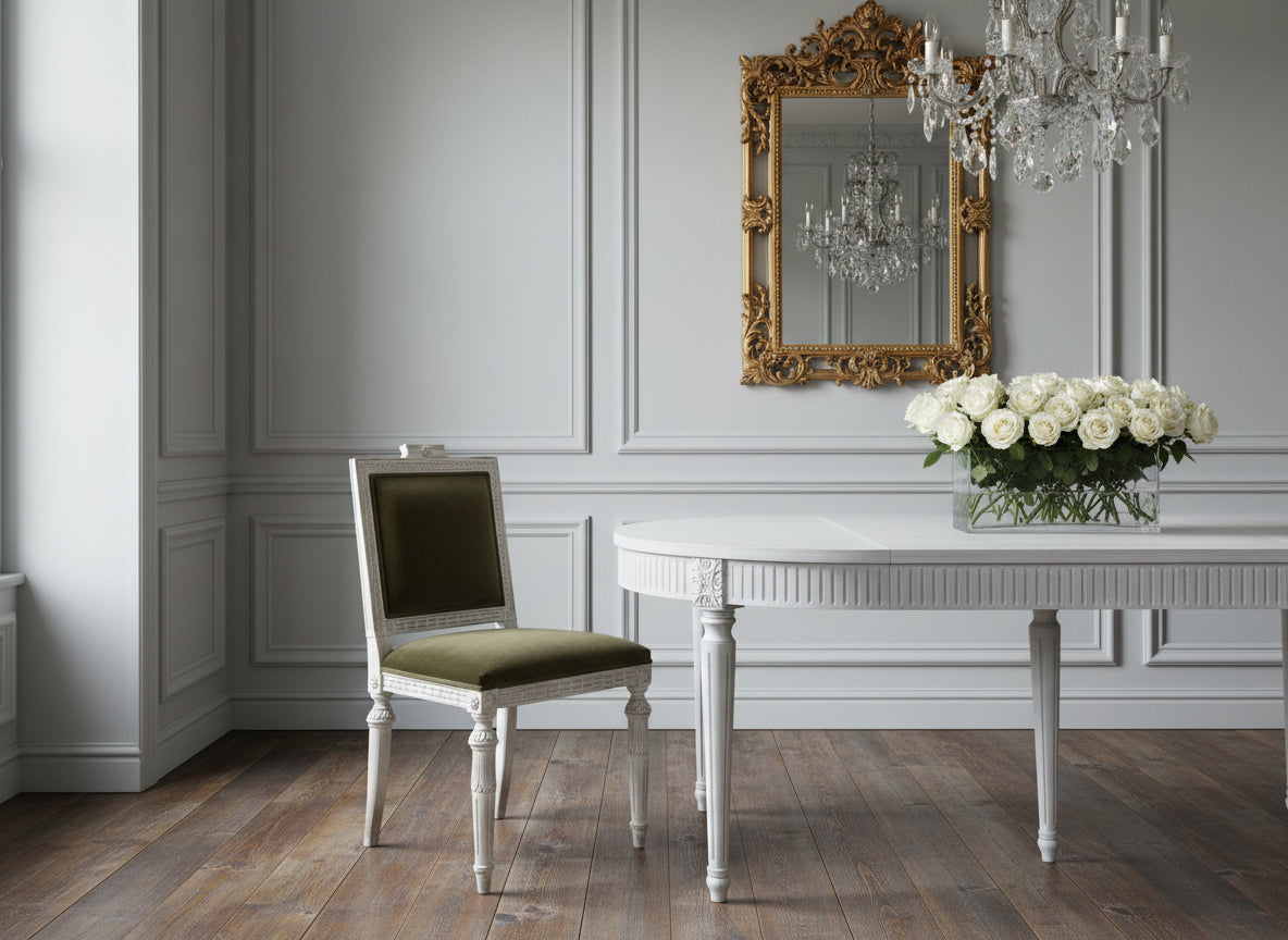 Gustavian Dining Chairs, Grey-Green Velvet