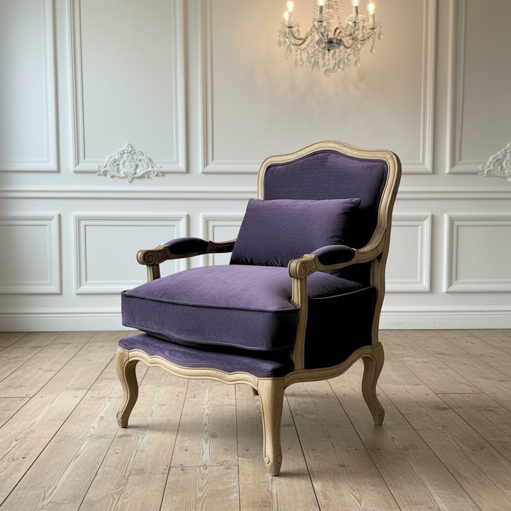 Reims Armchair Aubergine Velvet Luxurious French Vintage Seating