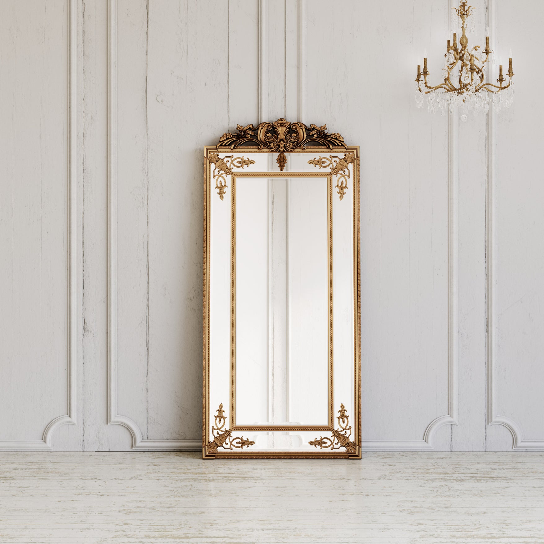 Fleury Mirror: French Gilt Gold Floor Mirror with Intricate Carvings-Manoir
