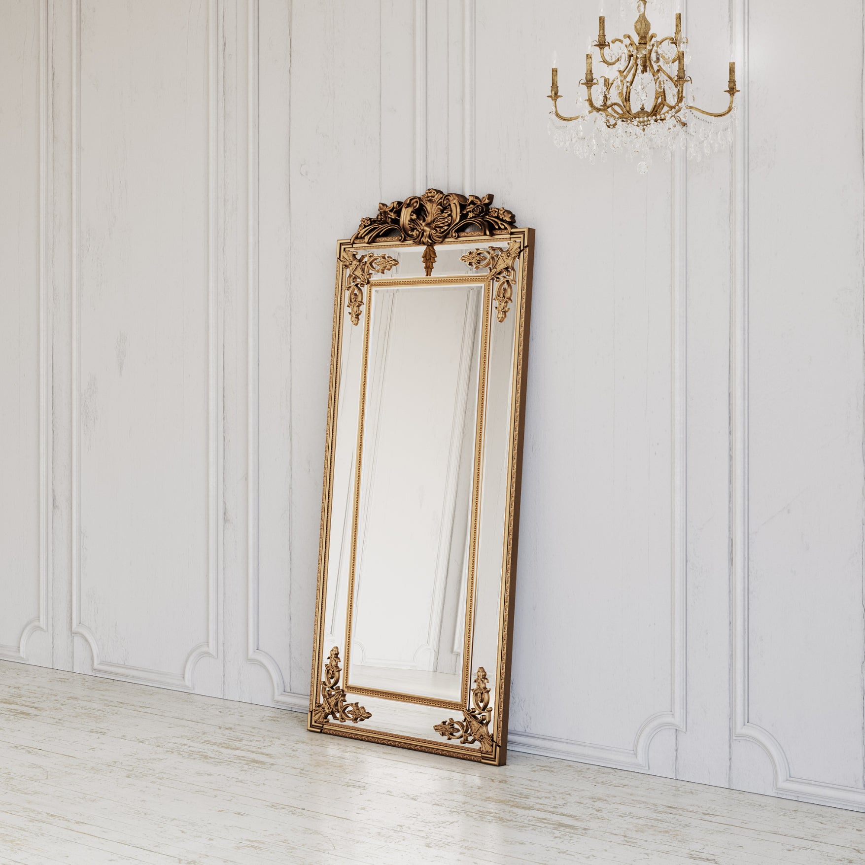 Fleury Mirror: French Gilt Gold Floor Mirror with Intricate Carvings-Manoir