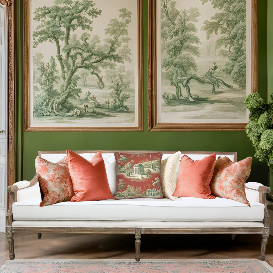 Elegant square decorative pillow with Vert Corail toile fabric