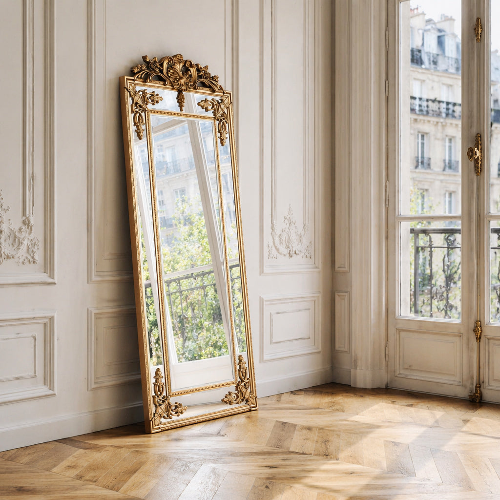 Fleury Mirror: French Gilt Gold Floor Mirror with Intricate Carvings