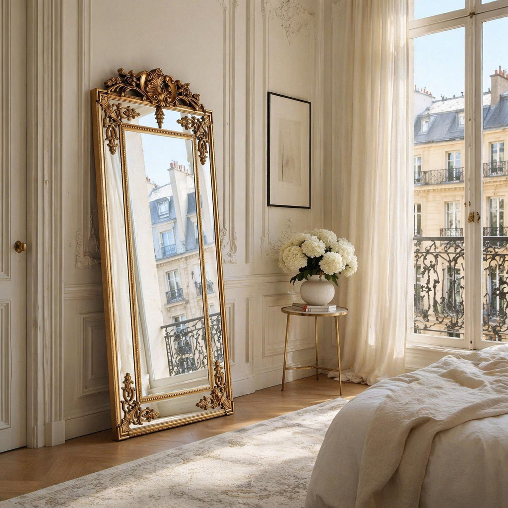Fleury Mirror: French Gilt Gold Floor Mirror with Intricate Carvings