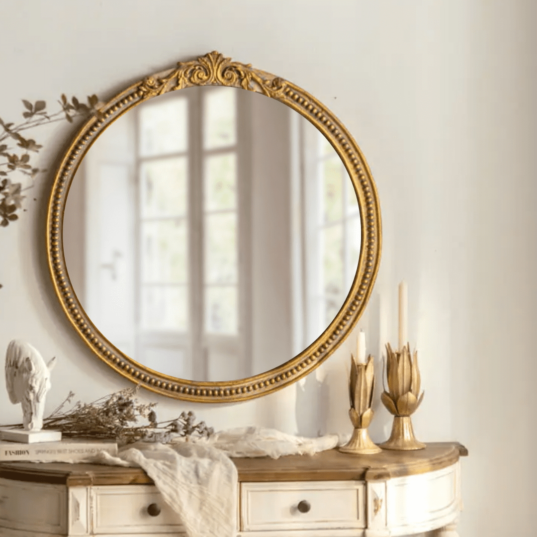 Objects & Accessories - Marais Mirror, Round: French Gilt Gold Mirror With Elegant Details