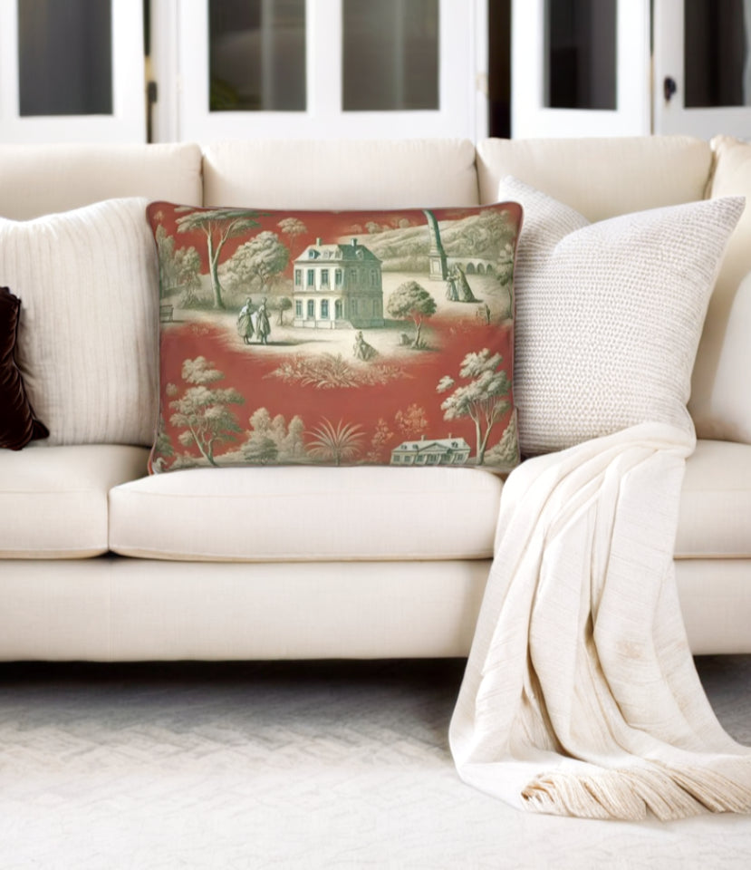 Vert Corail French Toile rectangular pillow with vintage toile pattern