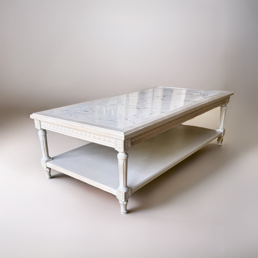 French vintage wood coffee table with carved apron and sturdy legs