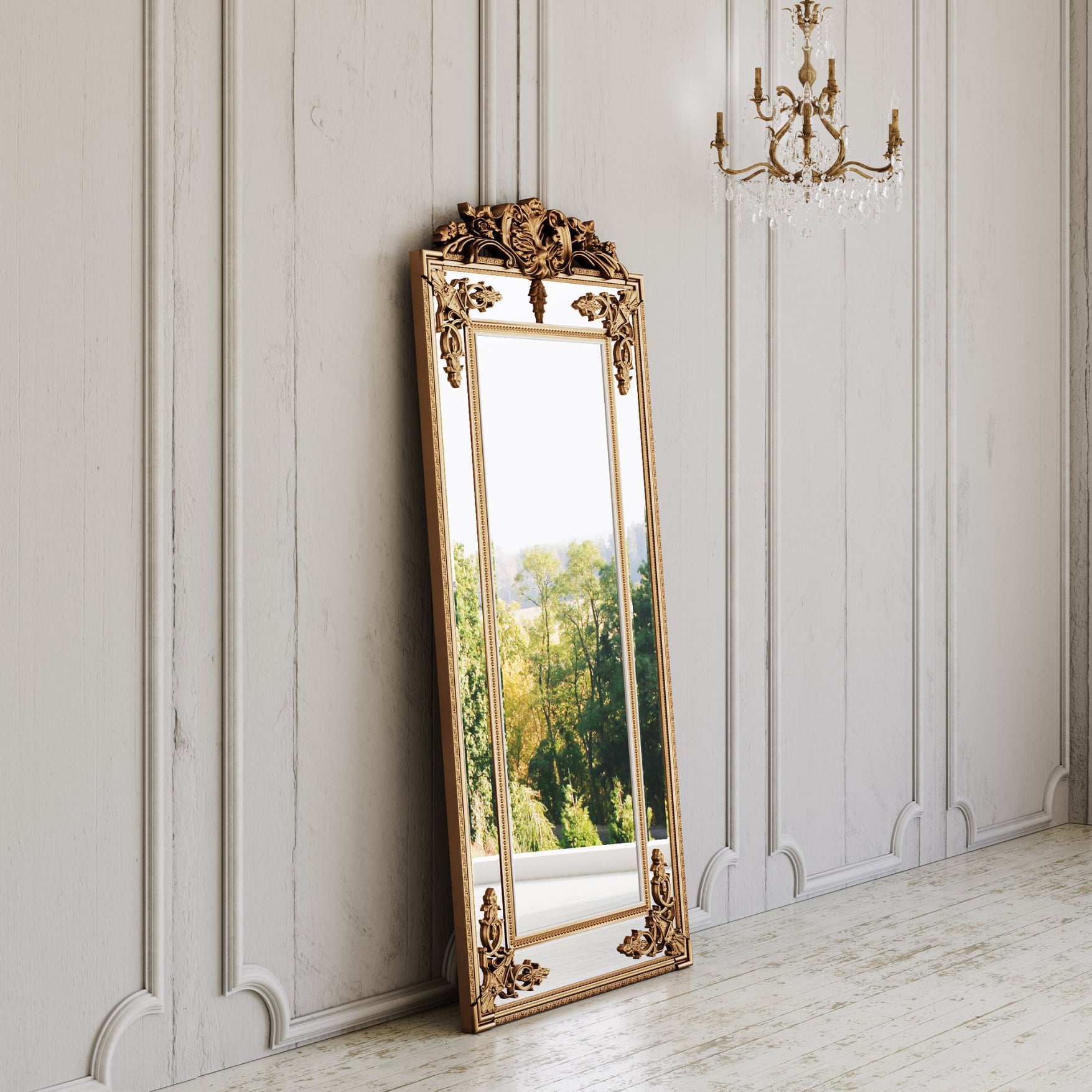 Fleury Mirror: French Gilt Gold Floor Mirror with Intricate Carvings-Manoir