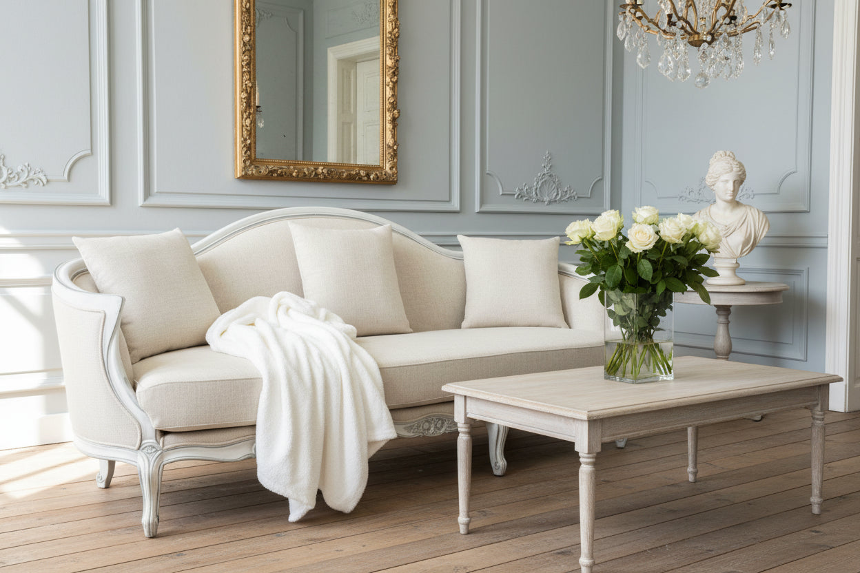 Jacqueline Sofa 87″ Linen Sofa | Hand-Carved Elegant French Sofa