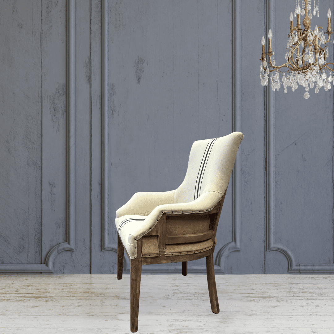 Furniture - Le Fermier Armchair,  Natural 100% Linen, Blue Stripe Grain Sack Pattern