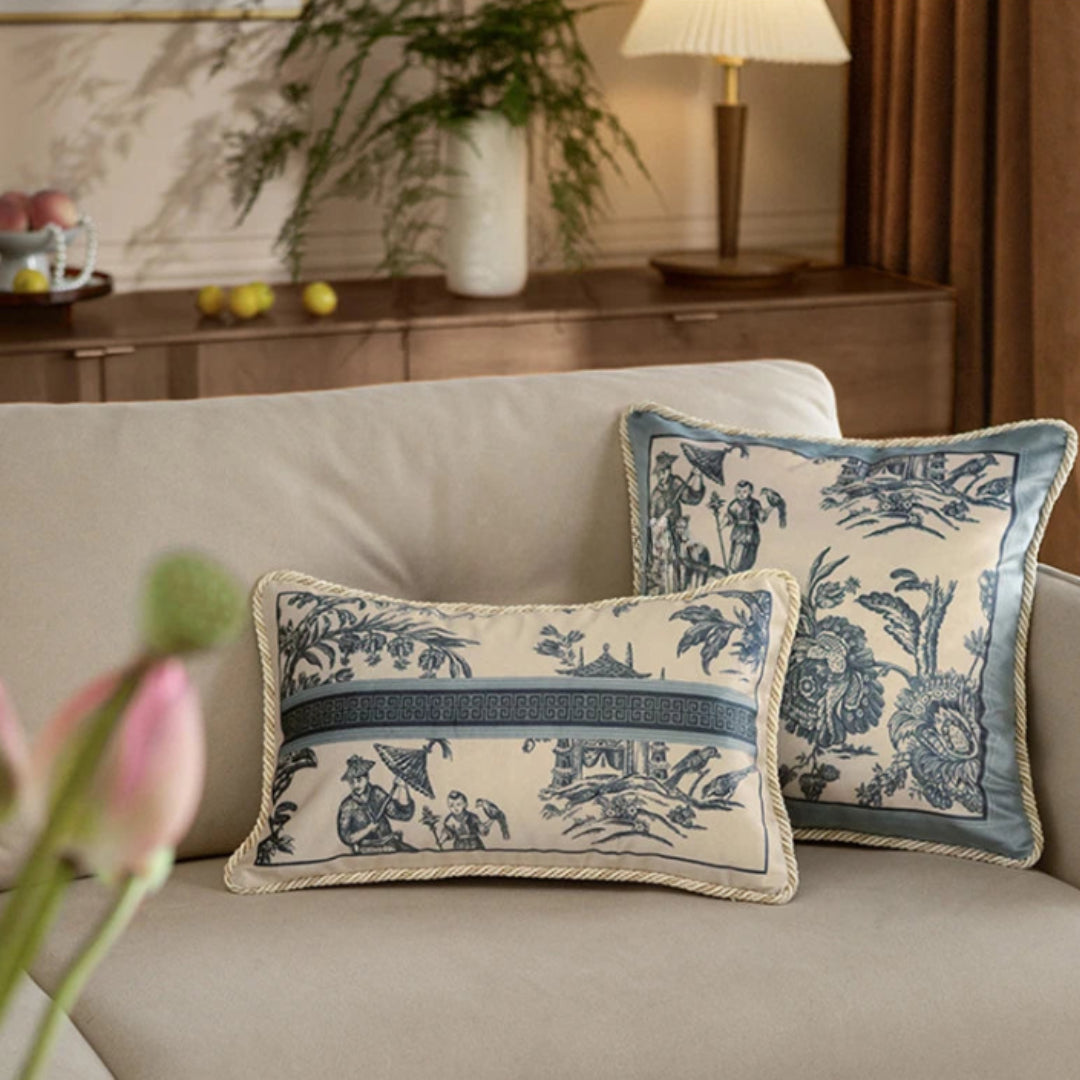 Soft Furnishings - Velvet Toile De Jouy, Delft Blue Pillow Covers
