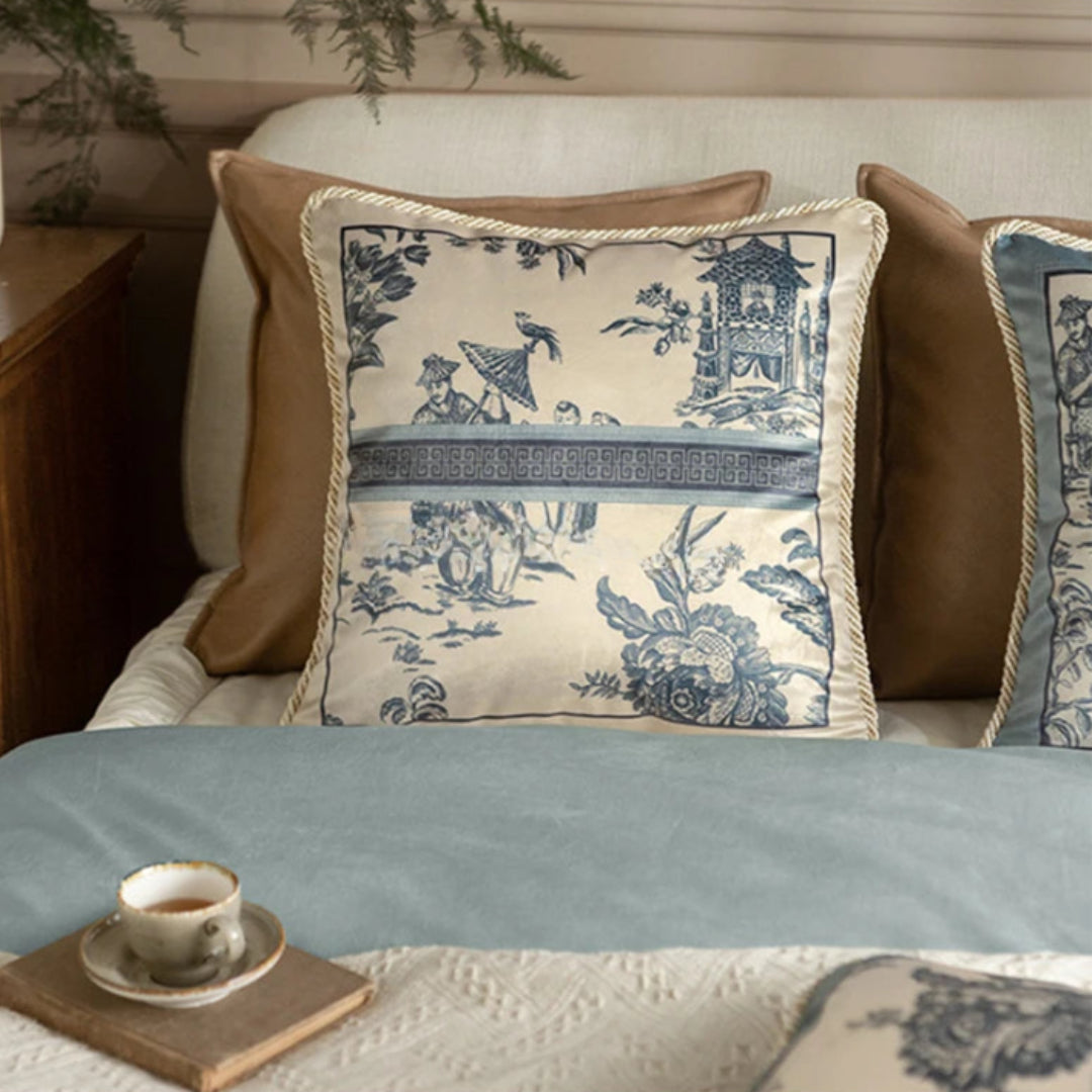 Soft Furnishings - Velvet Toile De Jouy, Delft Blue Pillow Covers