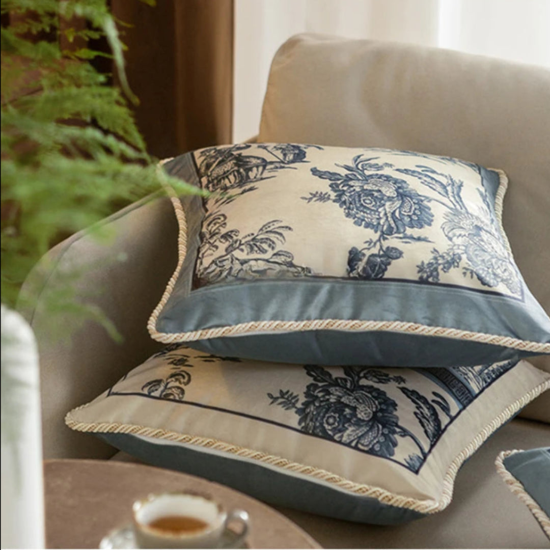 Soft Furnishings - Velvet Toile De Jouy, Delft Blue Pillow Covers