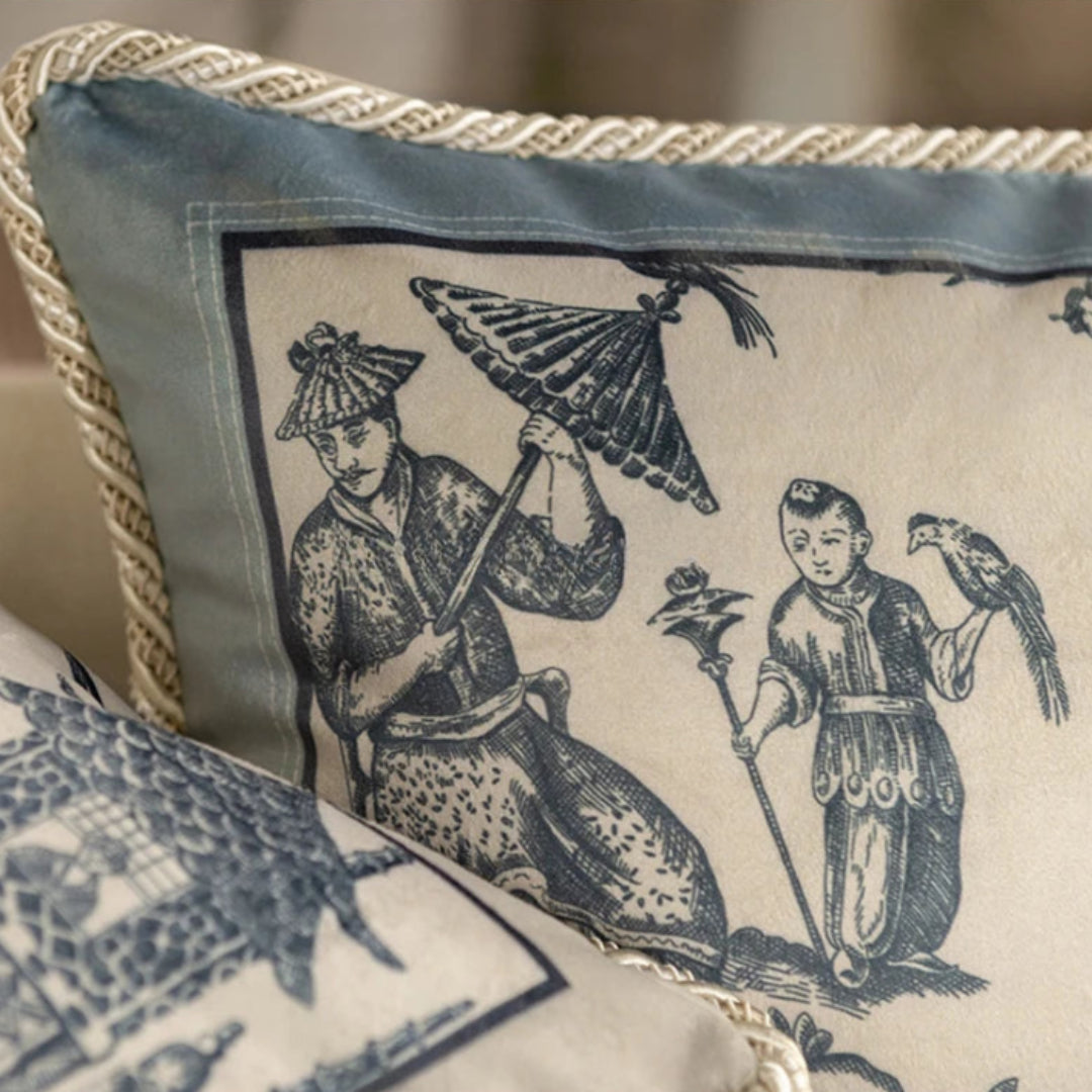 Soft Furnishings - Velvet Toile De Jouy, Delft Blue Pillow Covers