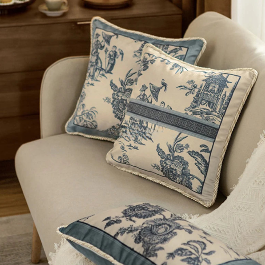 Soft Furnishings - Velvet Toile De Jouy, Delft Blue Pillow Covers