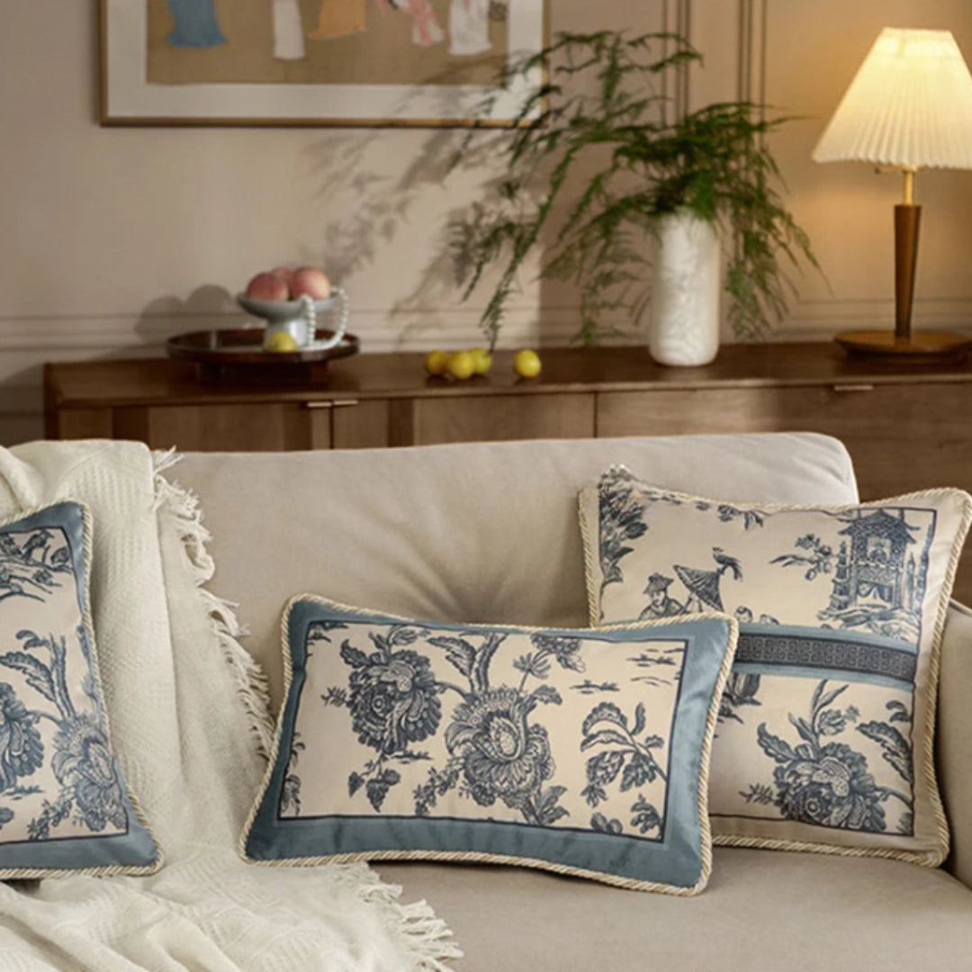 Soft Furnishings - Velvet Toile De Jouy, Delft Blue Pillow Covers