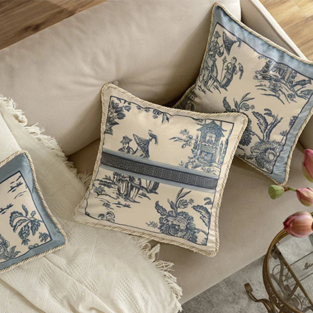 Soft Furnishings - Velvet Toile De Jouy, Delft Blue Pillow Covers